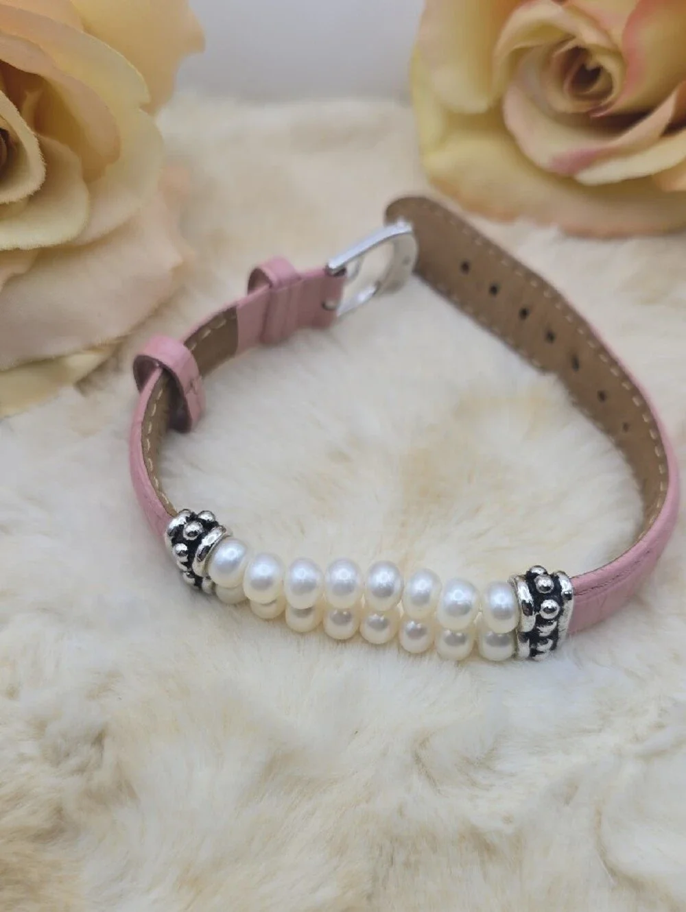 Honora Vintage Pink Leather Double Row Cultured Freshwater Pearl Buckle Bracelet
